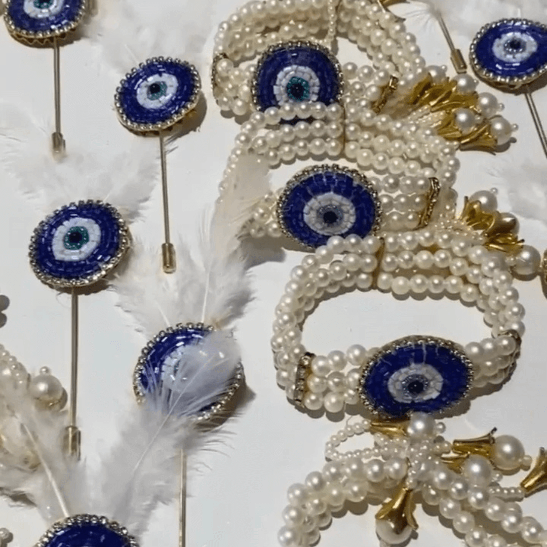 Evil Eye Weeding Brooch With Feather And Bracelate Combo